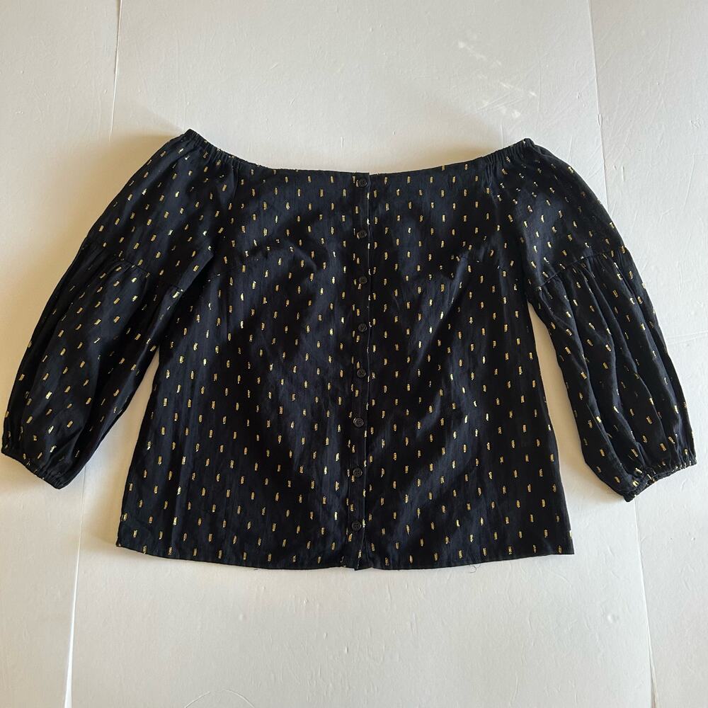 Lucky Brand Women's Midnight Blue Gold  Button Front Off The Shoulder Blouse XS